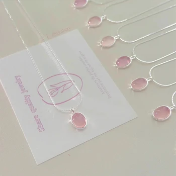 Colar de pedra lunar cristal rosa para mulheres, prata esterlina 925, pingente oval, corrente de colavícula, joias para festa, elegante e simples