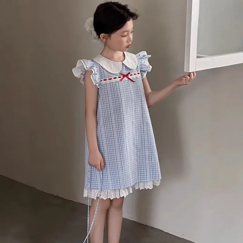 

Платье для девочек, лето 2025, новые стили, детская клетчатая юбка в иностранном стиле, летнее платье для девочек, юбка с кукольным воротником и летящими рукавами Tide