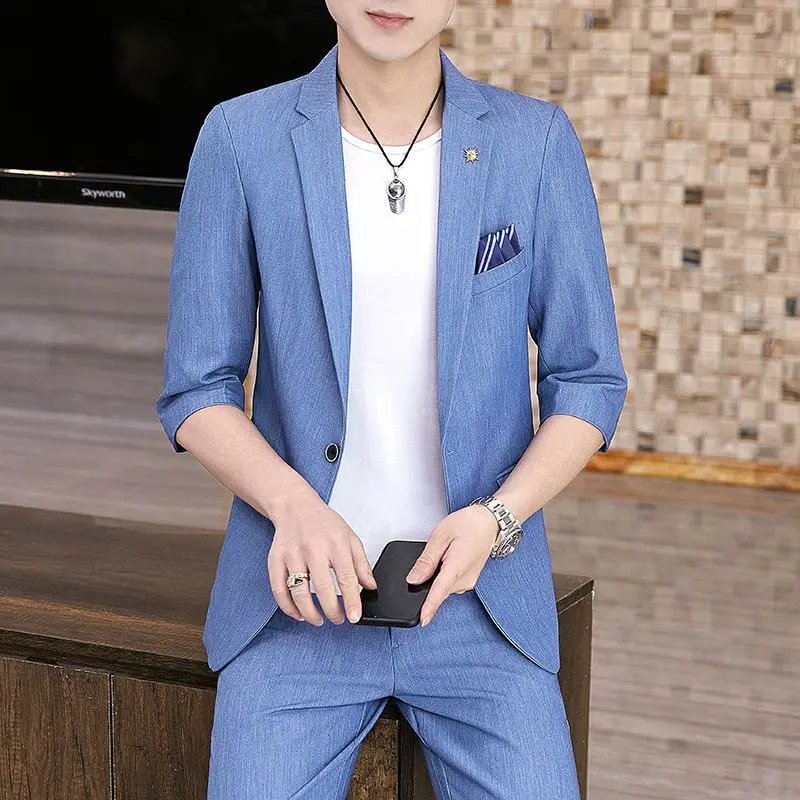 Summer Suit Jacket Men Short Sleeve Single Button Outerwear Korean Slim Solid Color Blazer Fashion Casual Terno Masculino