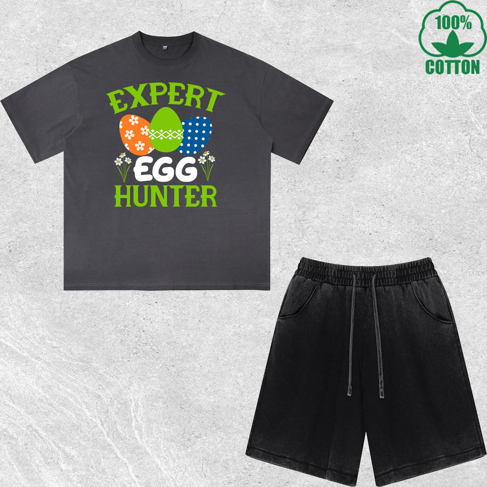 

Expert Egg Hunter Printed Dirty Wash T-Shirt Shorts Set Multicolor Combo Loose Trendy Fashionable 100%Cotton Short Value Pack