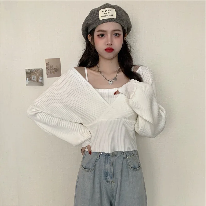 Fake Two Sweater Women 2024 Spring Autumn New V-Neck Full Sexy Knitted Sweaters Korean Short Chic Wild Fashion Pullovers