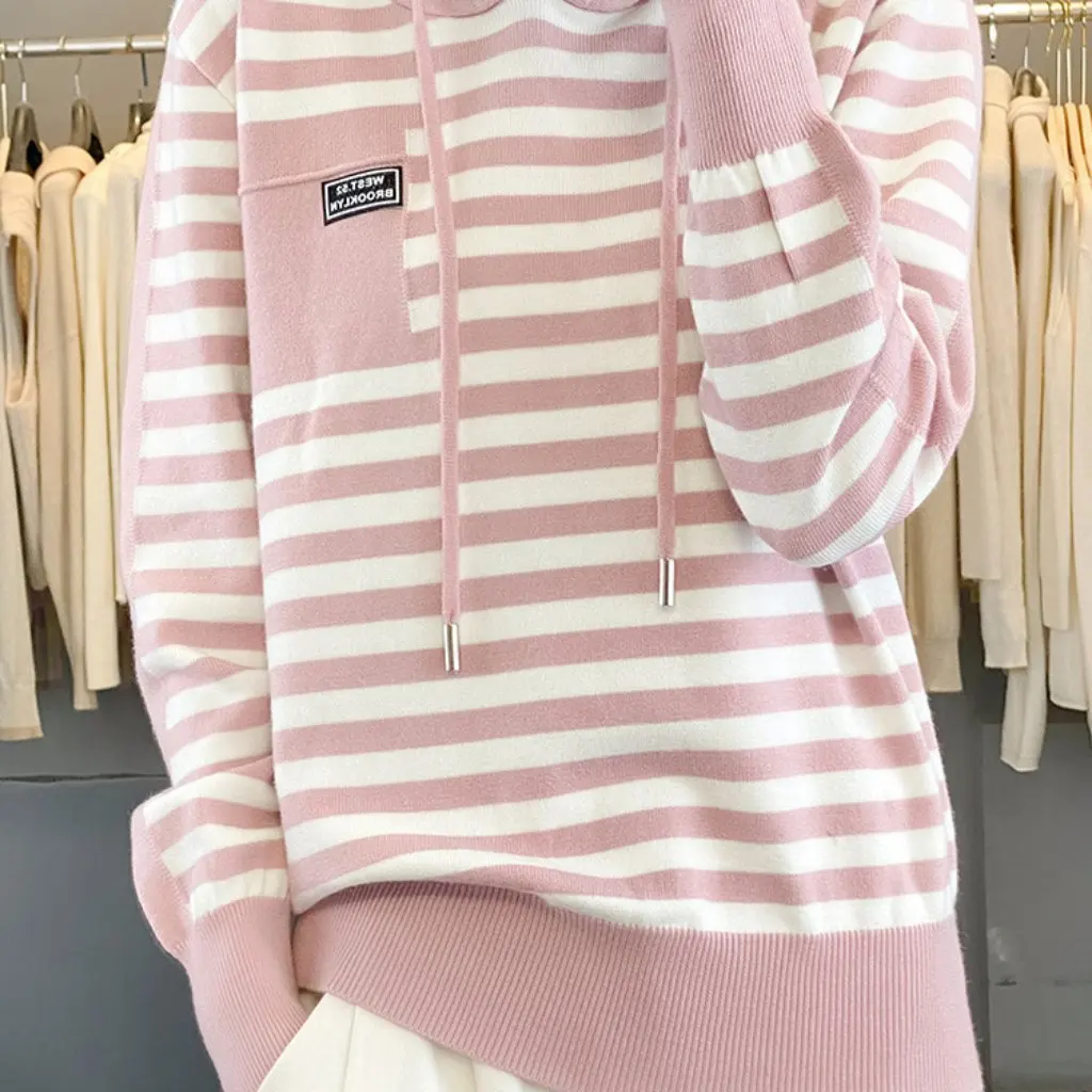 

Women's Lazy Style Knitwear Pullover Sweater Loose Fashion Striped Hooded Jacket Autumn Winter New Arrivals