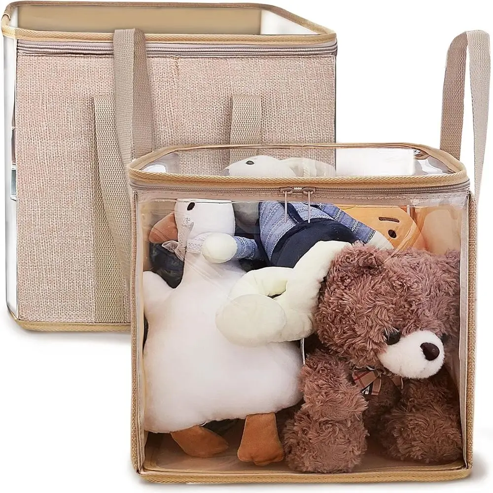 

Большие коричневые контейнеры для хранения из ПВХ с прозрачными крышками и ручками — складной, прочный органайзер для одежды, книг и многого другого