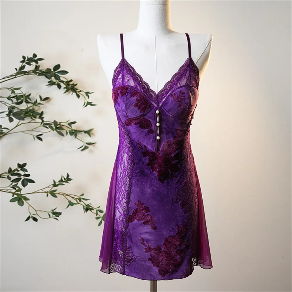

Women's Clothing Lace Splicing Nightdress Home Wear Women Split Nightgowns Comfortable Loungewear