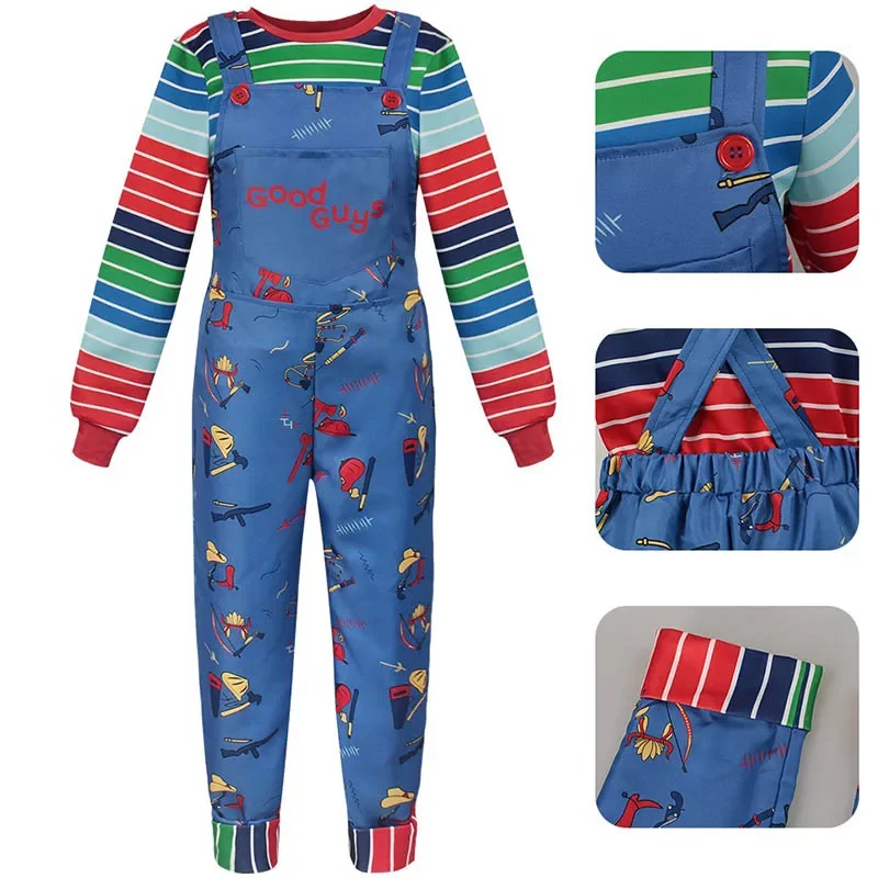 Adult Chucky Cosplay Costume with Striped Shirt and Jumpsuit for Chucky Overalls Halloween Costumes