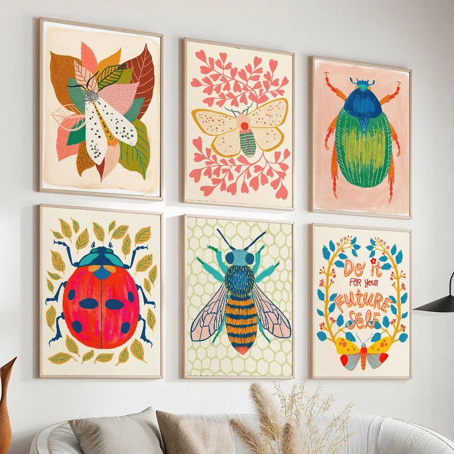 Cuadro sobre lienzo con diseño de mariposa, mariquita, libélula y abejas, carteles nórdicos e impresiones de imágenes de pared para decoración del hogar y sala de estar