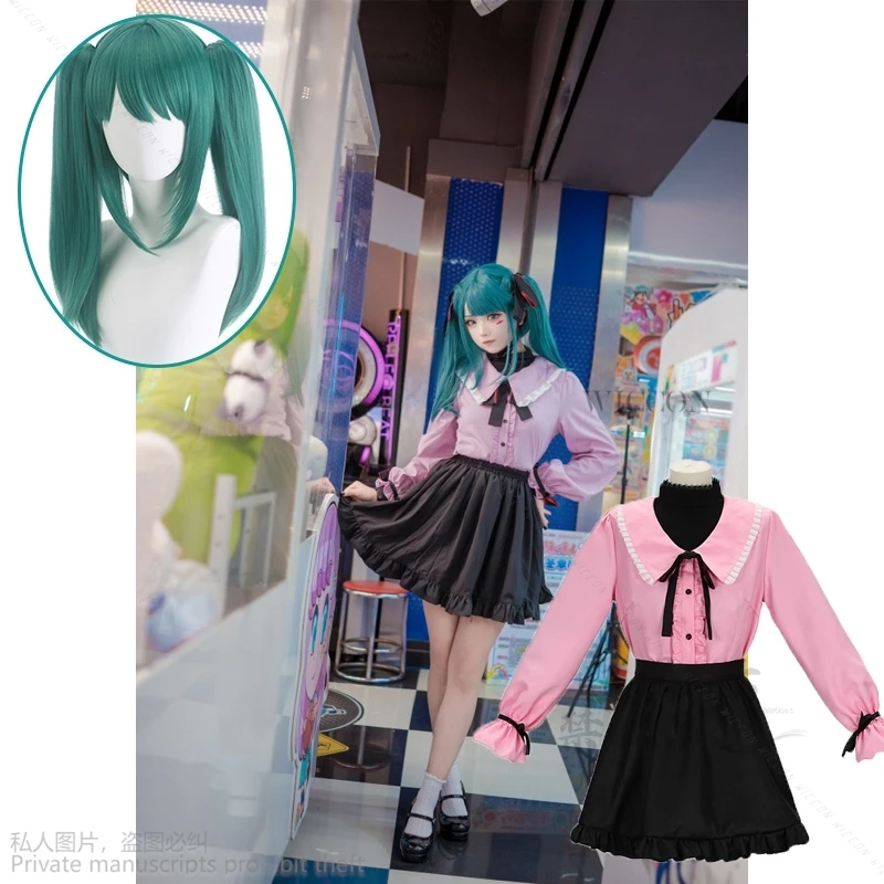 Vampire Mikuuu Cosplay Project Sekai Game Cos Costume Wig Cute Vampire Green Double Ponytail Hair Pink Kawaii Black Dress Skirt