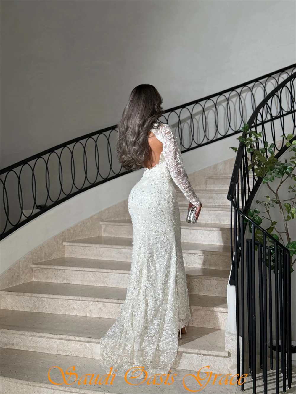 Robe de soirée en dentelle blanche, personnalisée, élégante, col carré, manches longues, robes de soirée, Sexy, sirène, perles, robes de célébrité