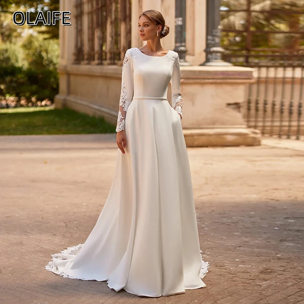 

Olaife Wedding Dresses Long Sleeves Satin Lace Belt Buttons Applique Sweep Train Vestidos De Novia A Line Bridal Gown for Bride