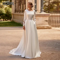 Olaife Wedding Dresses Long Sleeves Satin Lace Belt Buttons Applique Sweep Train Vestidos De Novia A Line Bridal Gown for Bride