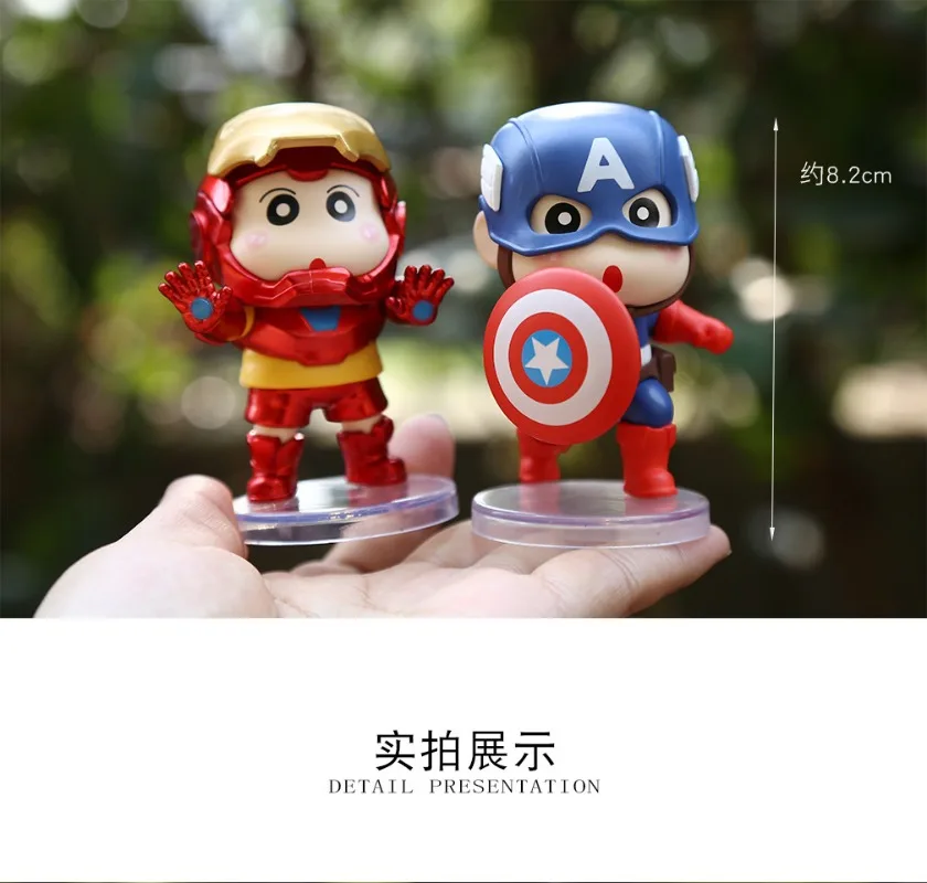 6pcs Set 8cm Crayon Shin Chan Figure Batman Superman The Flash IronMan Captain America Thor Cosplay Model PVC Decor