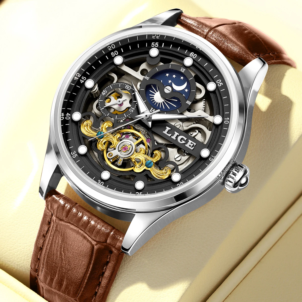 

LIGE New Skeleton Mechanical Automatic Watch Men Tourbillon Sport Clock Watches Casual Business Moon Wrist Watch Relojes Hombre