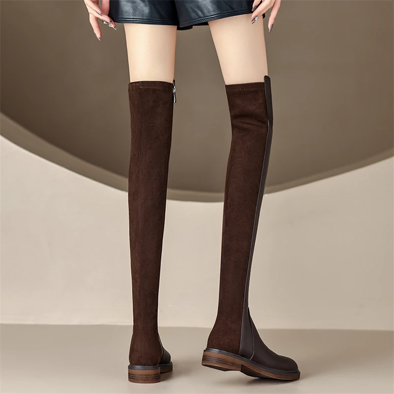 Meotina Women Genuine Leather Thigh High Boots Round Toe Flat Zipper Ladies Fashion Over-the-Knee Long Boot Autumn Winter Shoes