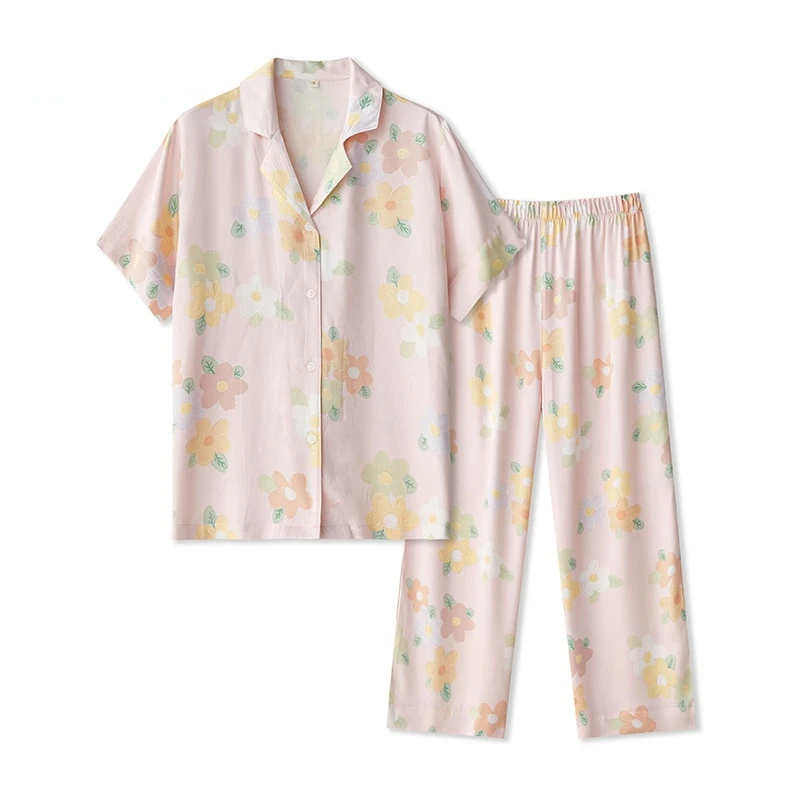 2022 Pajamas Ladies Satin Thin Household Clothes Oil Painting Short Sleeve Trousers Two Pieces Sleepwear Floral Viscose Pijama