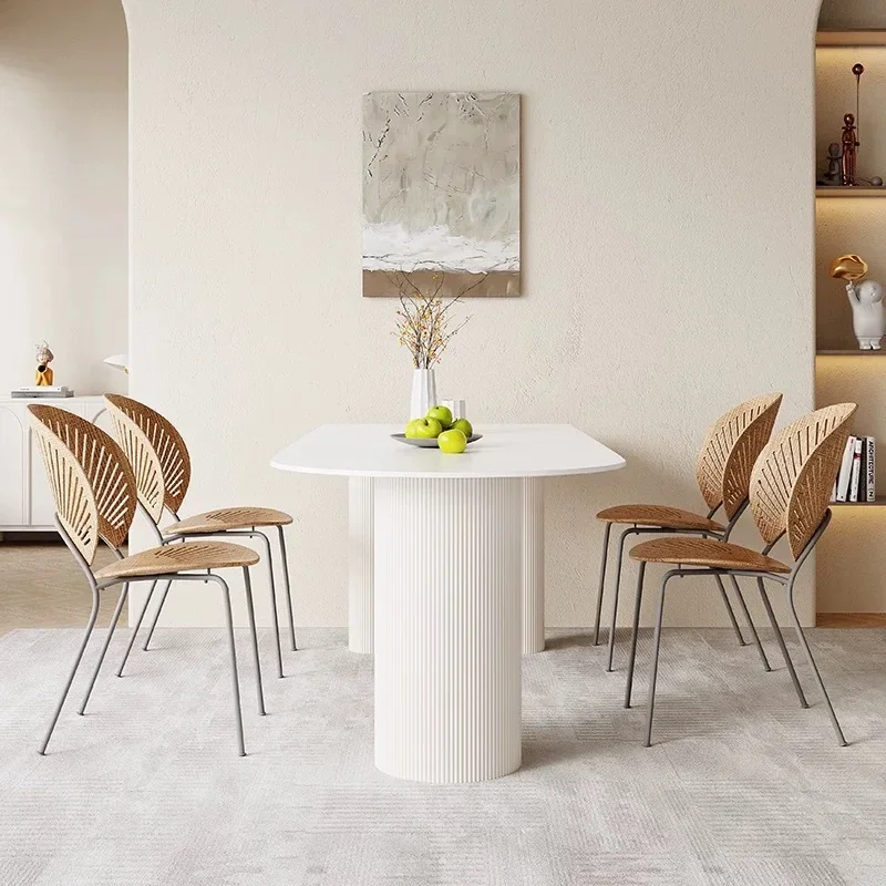 

Nordic artist household small apartment pure white rock slab dining table against the wall desk designer island dining