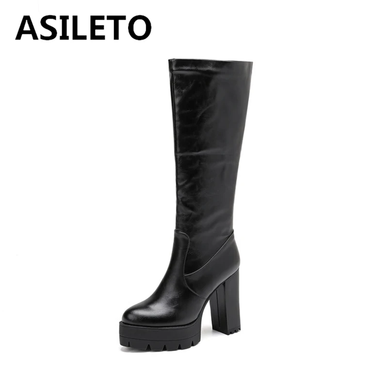 

ASILETO Vintage Women Knee Boots Round Toe 11.5CM Block Heels 4cm Platform Slip On Plus Size 41 42 43 Fashion Daily Bota White