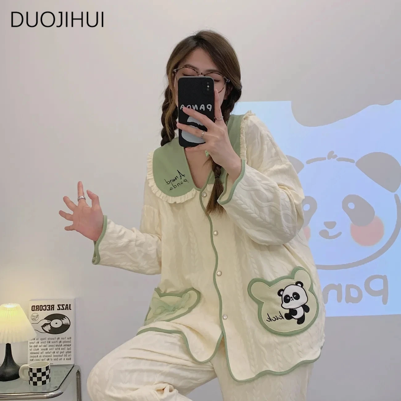 DUOJIHUI Korean Sweet Printing Casual Home Pajamas for Women Chicly Button Cardigan Simple Pant Fashion Loose Female Pajamas Set