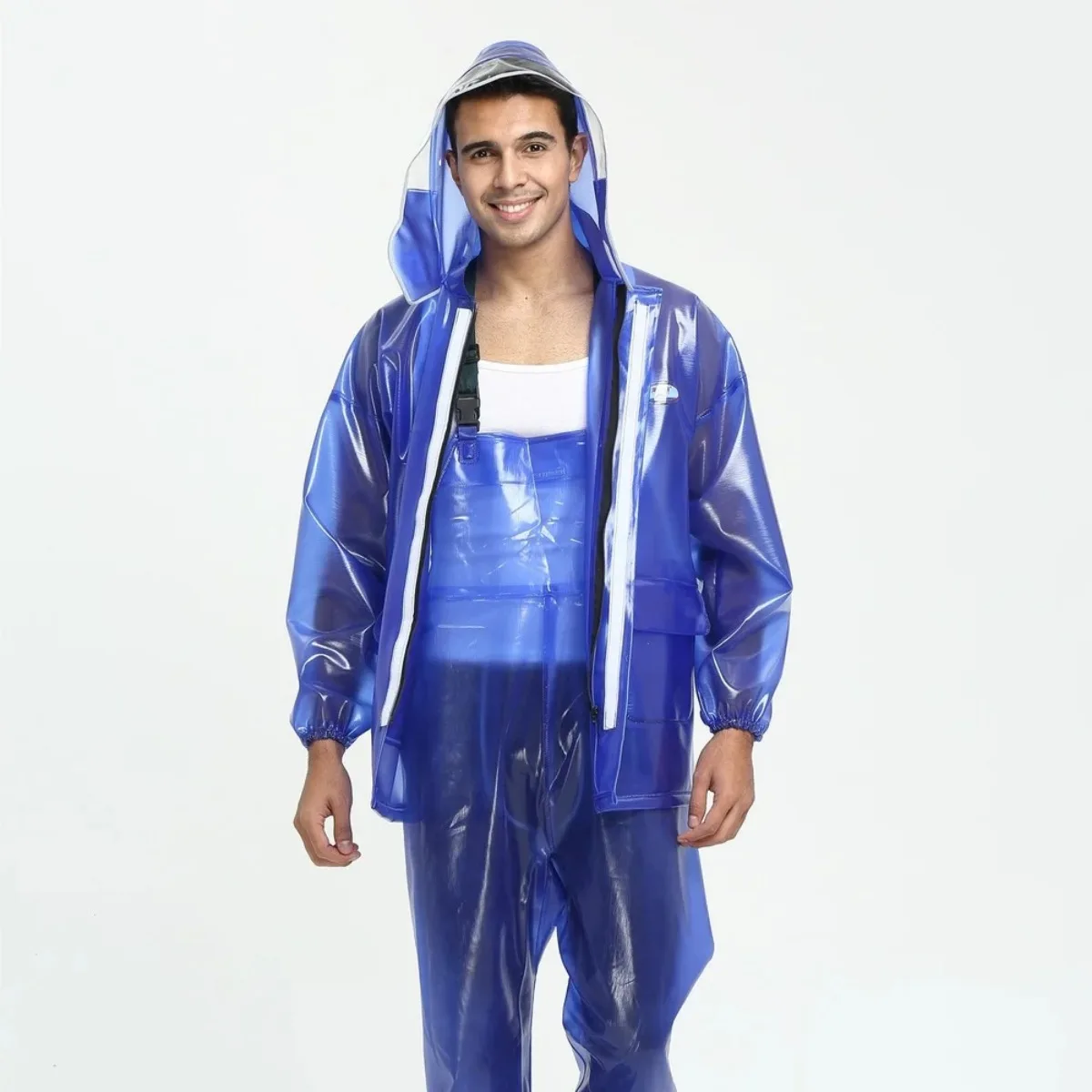 

Men Blue Transparent Hooded RainCoat Jacket Overall Waterproof Jumpsuit Impermeable PVC Thick Rain Pants Rain Coat Rainwear Suit