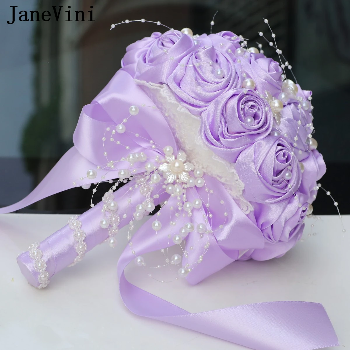 JaneVini Elegant Lilac Purple Bride Wedding Bouquet with Pearls Handmade Satin Rose Bridal Holding Flower Bridesmaid Accessories