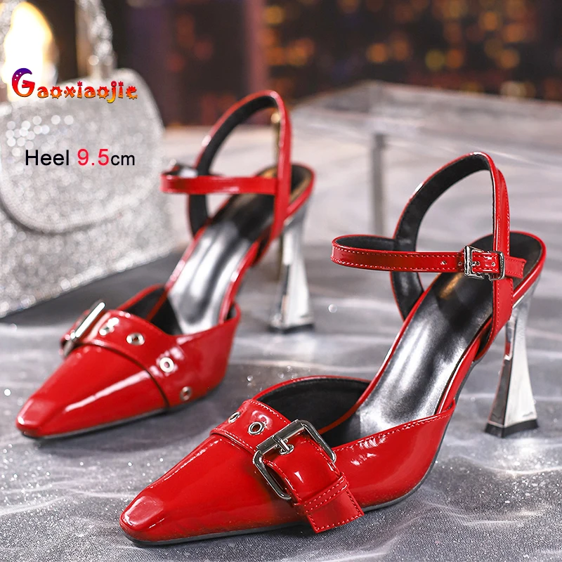 

2025 г. Модная женская обувь на тонком каблуке, элегантные простые однотонные женские сандалии с острым носком и пряжкой на ремешке, размер 35-46