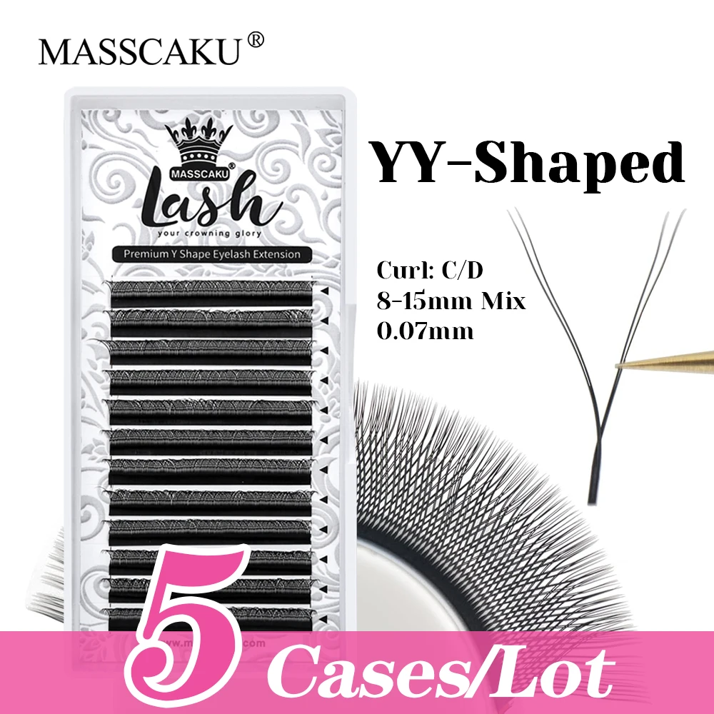 Hot Selling 5cases/lot MASSCAKU 8-15mm and Mix Size Multi-texture Two Tips Eyelash Waterproof YY Shaped Lash for Professionals