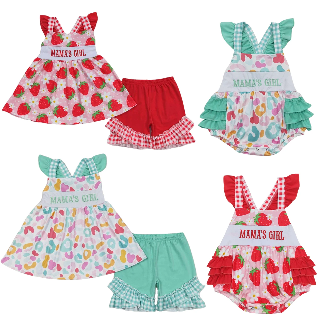 

Wholesale Kids Baby Girls Clothes Embroidery Strawberry Leopard Tunic Tops Shorts Sets Mama's Girl Sibling Clothing Baby Romper