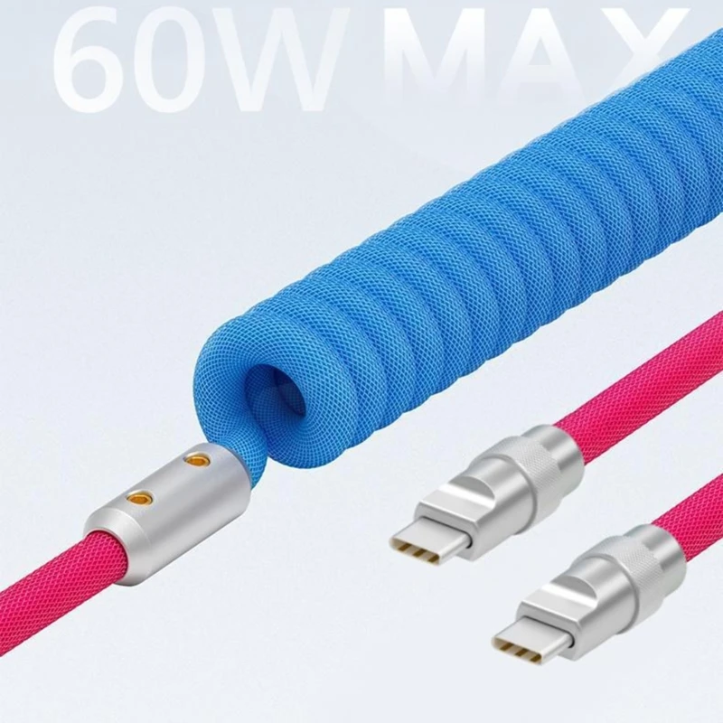 Flexible Spring Data Line Charging Cord 120W Fast Speed Charging Cable Braided Metal Wire For Type C Electronics