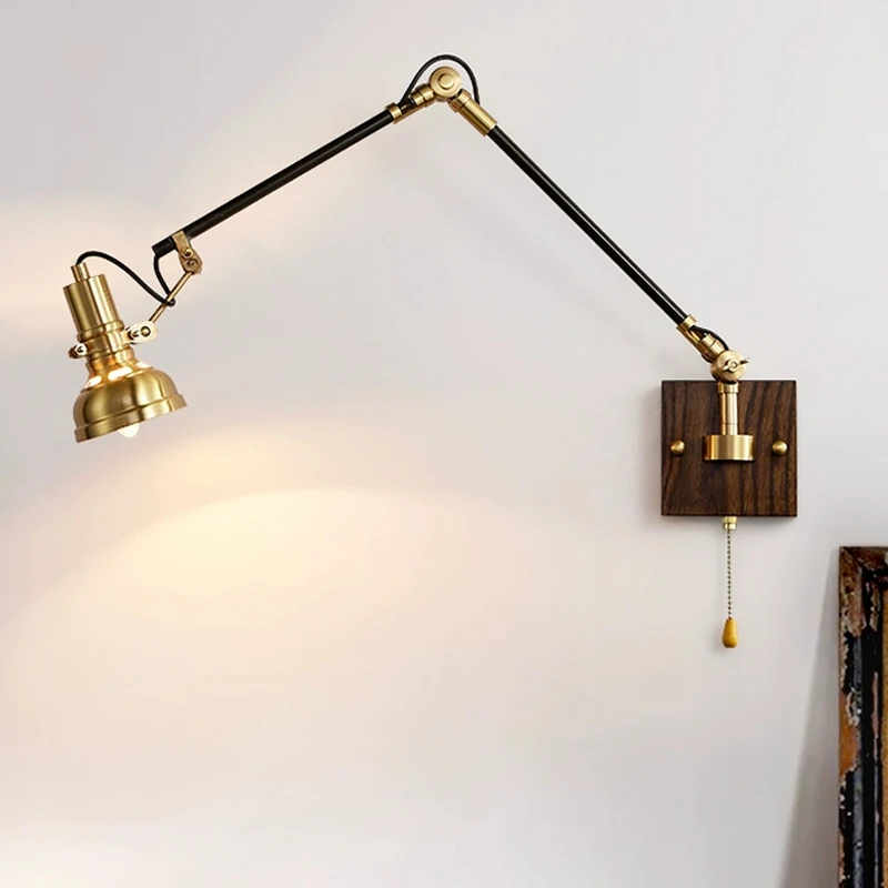 2026 Retro All Copper Universal Rocker Arm Wiring Bedside Wall Lamp Restaurant Light Creative Walnut Background Wall Decoration