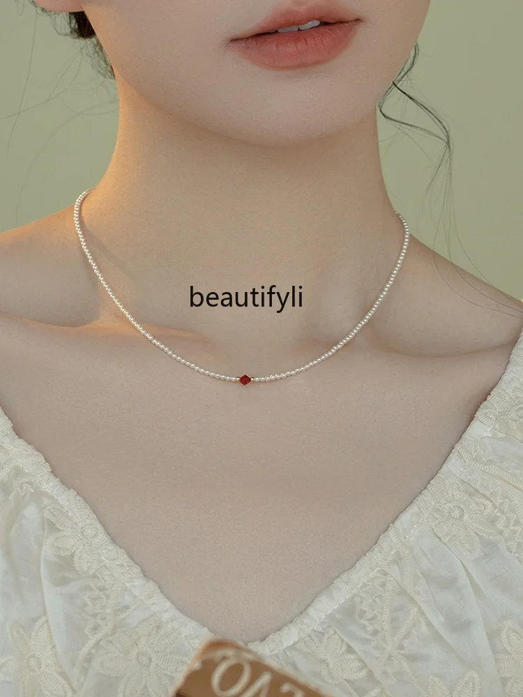 Extremely fine 2mm pearl necklace light luxury 14K red crystal neck chain niche simple versatile collarbone chain women