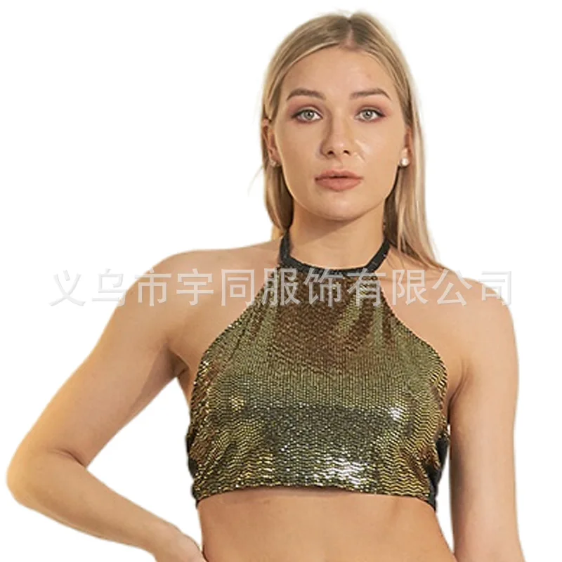 Nuovo modello 2025, fascia toracica con diamanti caldi in un unico pezzo, gilet sexy lucido, allacciatura, top a tubo con paillettes, performance sul palco