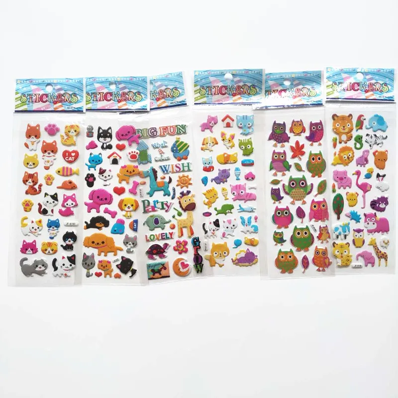 6 Sheets 3d Pet Dog and Marie Cat Stickers for Car Styling Scrapbook Animal Fish Dinosaur Bubble Stickers Reward Kids Toys