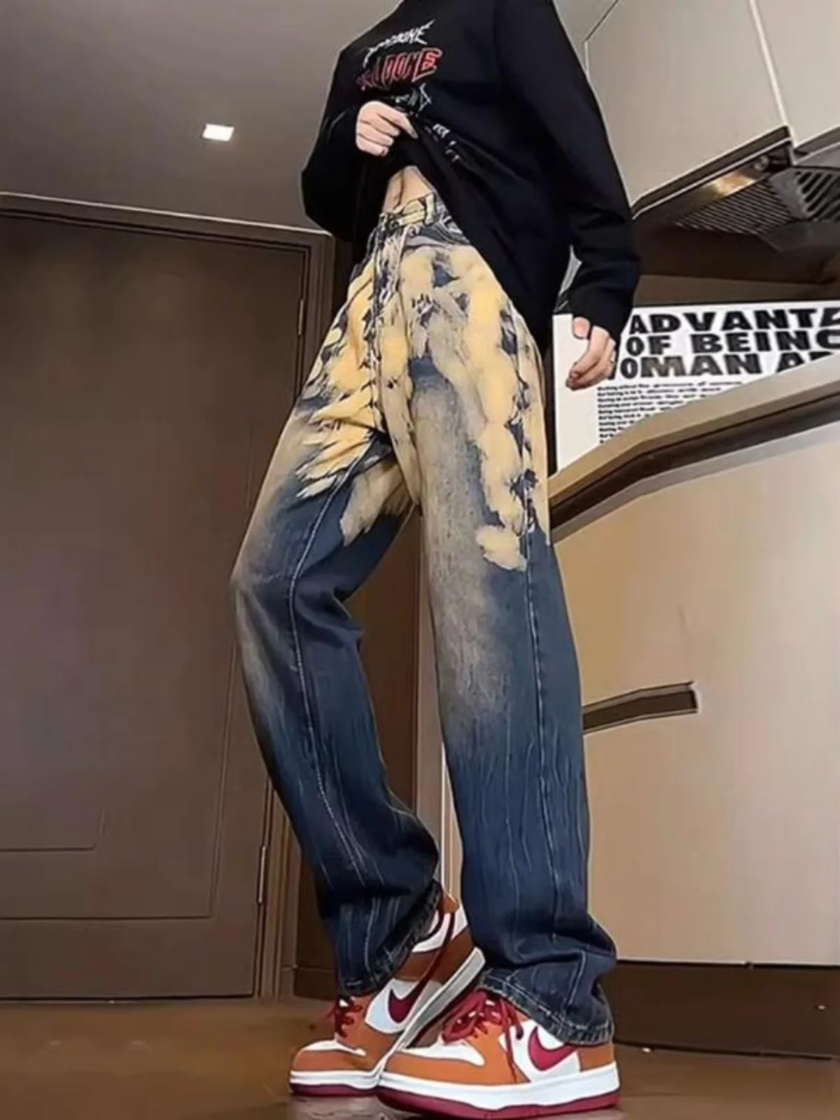 

Свободные джинсы с принтом тай-дай в американском стиле, винтажные прямые длинные брюки High Street, повседневная одежда для подростков, осень 2024 г.