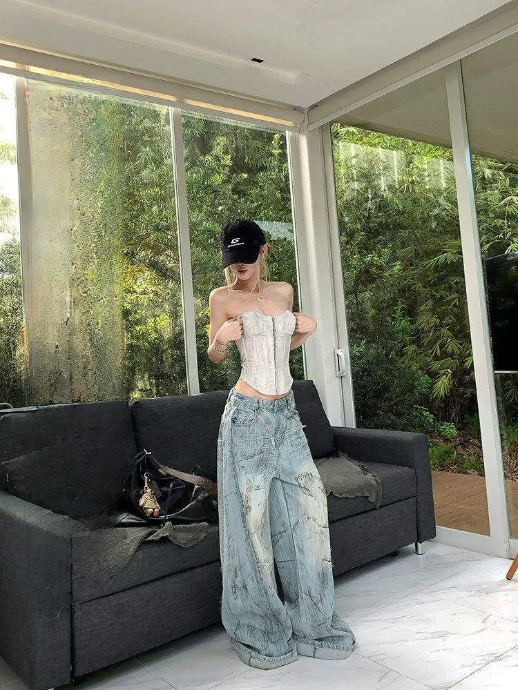 

Джинсы Moxinxin American Sle Hot Girl: модные женские прямые свободные брюки с широкими штанинами, синие, с низкой посадкой