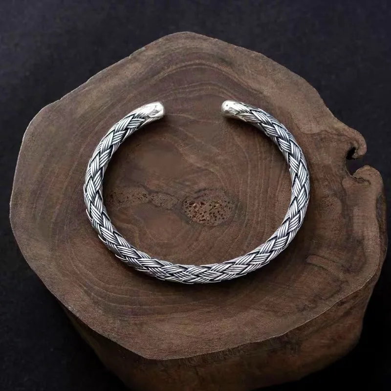 

s925 sterling silver bracelet men's silver woven retro opening bracelet personality hipster bracelet lover