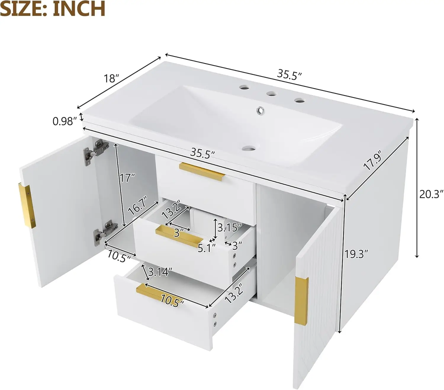36" Wall‑Mounted Bathroom Vanity Set with Sink, 2 Doors & 2 Drawers 2