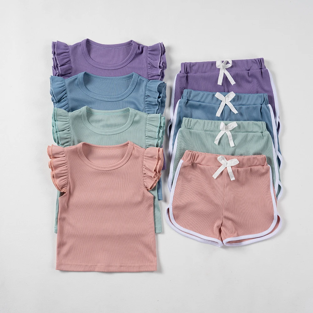 Summer Baby Ruffle Clothes Sets Cute Girl Flying Sleeve Shorts T-shirts Set for Children Kids Brief Casual Clothing Oufits