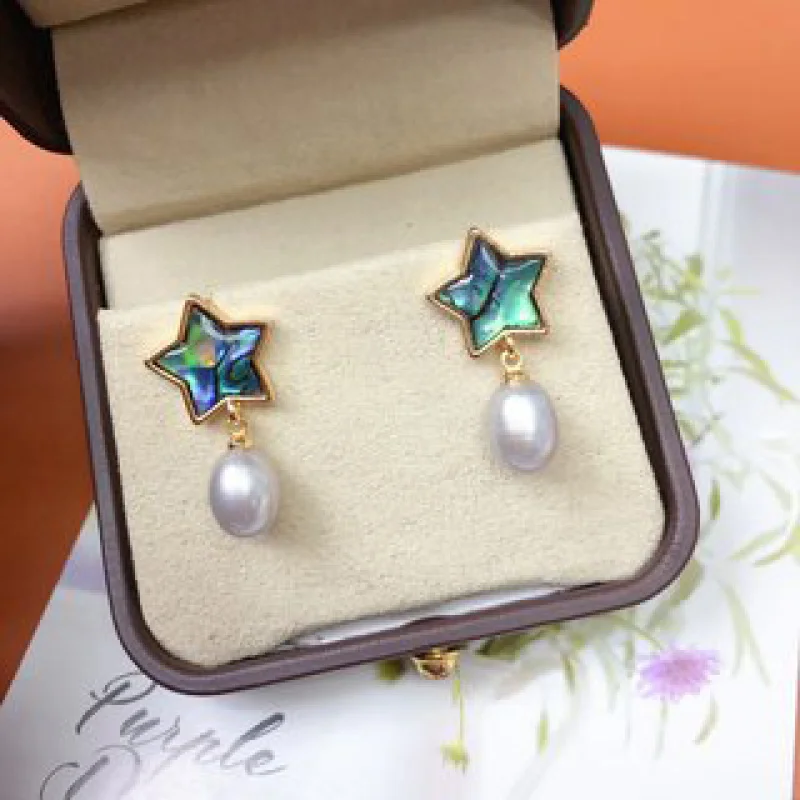 Freshwater Earrings Abalone Shell Pearl Studs Rice-shaped Water Drop Beads 7-8mm Light Luxury Vintage Chinese Style Earrin