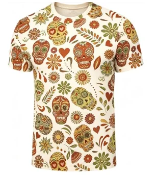 Herren Kurzarm-T-Shirt mit mexikanischem Tag-der-Toten-Zuckerschädel-Blumendruck, Rundhalsausschnitt, Freizeit-Oberteil – Detail 4