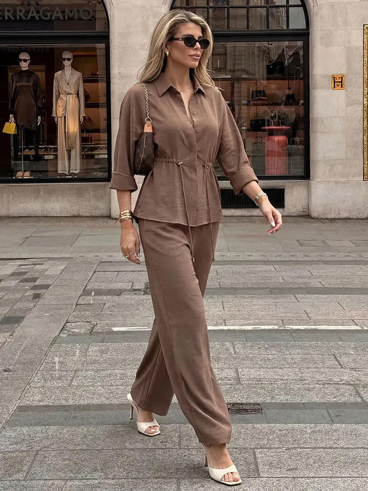 HH Women Fashion Pant Suit Lace Up Blouse Kimono Shirt Top Elastic Waist Wide Leg Pant Spring High Street Chic Sets image 2