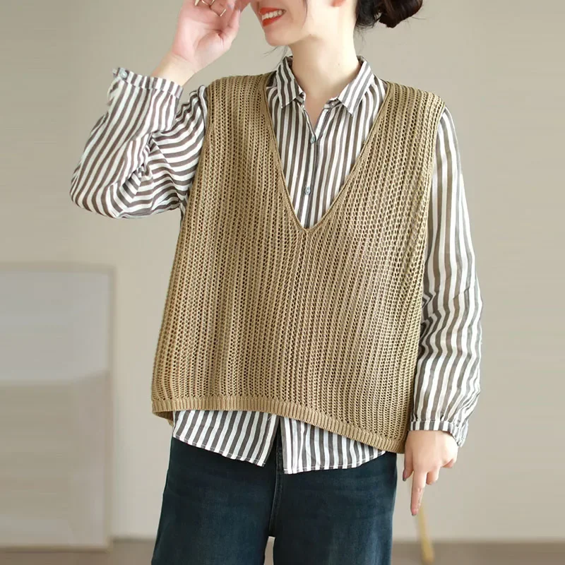 

French Unique Striped Long-sleeved V-neck Knitted Vest for Women New Style