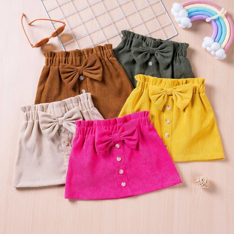 

2025 New Girls Toddler Solid Color Bustier Bow Button Design Sweet and Lovely Skirt Casual Comfortable Breathable