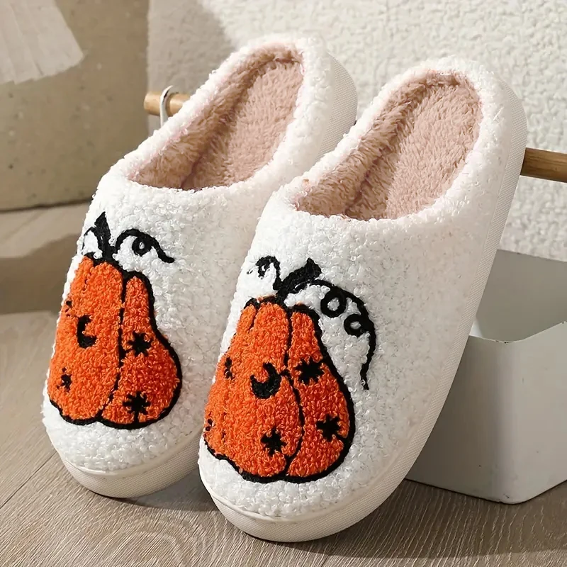 Winter Fluffy Slippers Women Home Funny Halloween Pumpkin Designer Shoes Ladies Fuzzy Fur Indoor Trend Plush Footwear Soft Sole