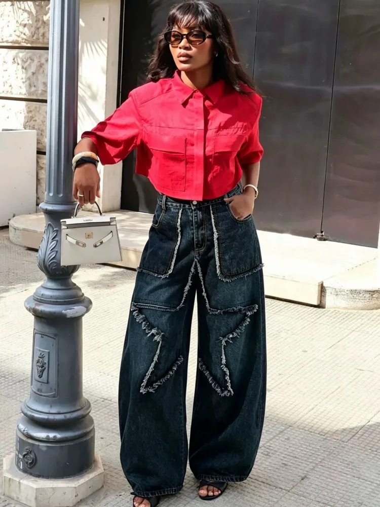 

Women High Waist Wide Leg Pants Shiny Straight Pants Long Jeans Casual Trendy Trousers 2026 Autumn Winter New Denim Trousers