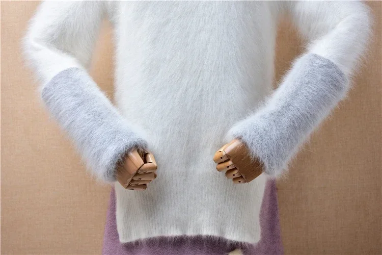 Feminino feminino outono inverno roupas branco peludo pelúcia vison cashmere malha gola alta blusas finas pulôver camisola puxar