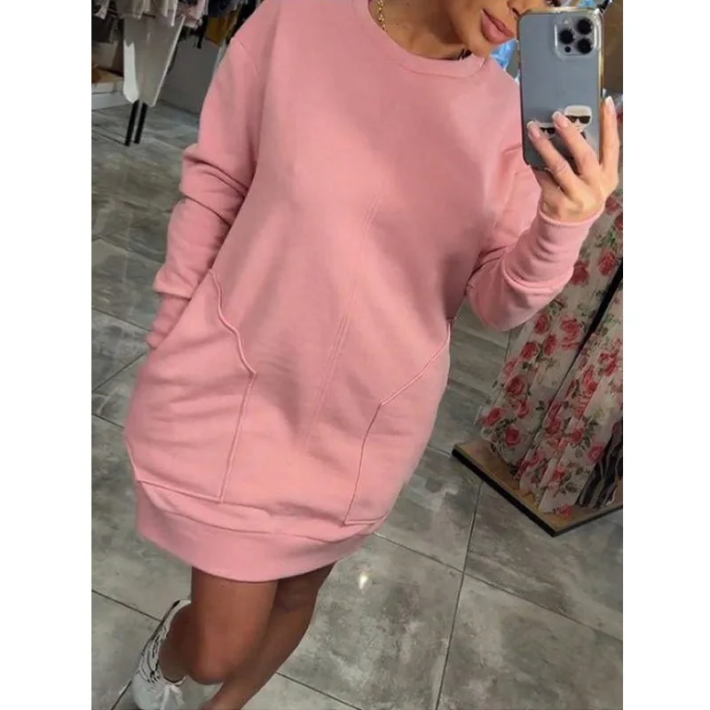 Women Sweatshirts Dress Long Sleeve Oversized Solid Color Outdoor Chic Pullover Top T-Shirt Hip Pack Dress