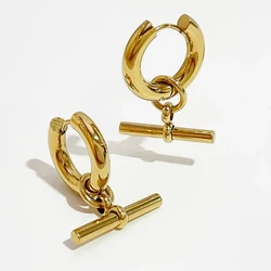 GHIDBK Vintage Stainless Steel T Bar Pendant Hoop Earrings for Women Metal Circle Huggie Earrings acero inoxidable joyería