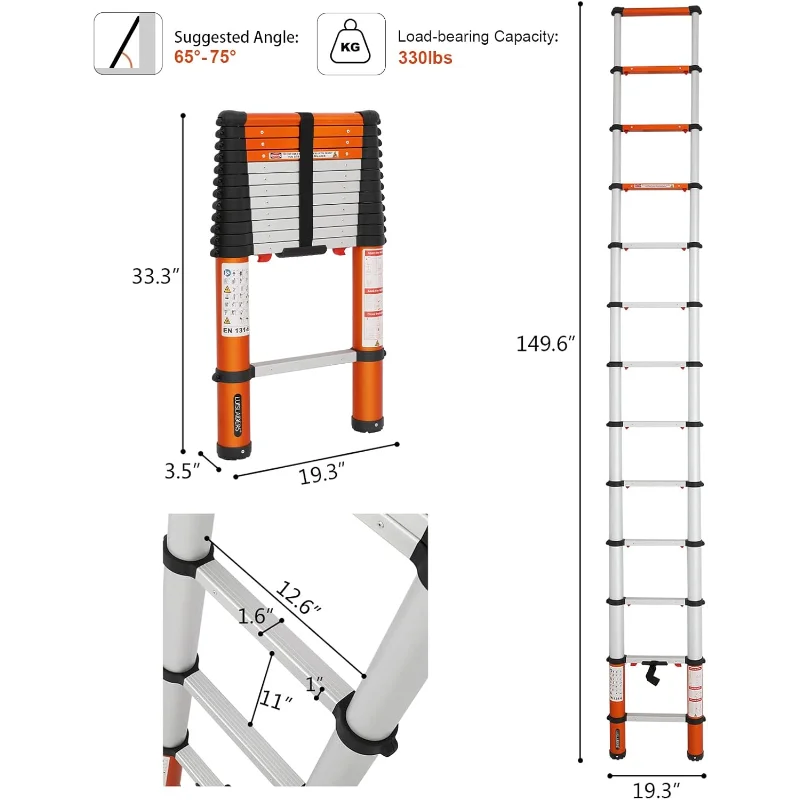 LUISLADDERS Telescoping Ladder Multi-Use Telescopic Extension Ladder One-Button Retraction Anti-Pinch and Anti-Slip 330 Lb