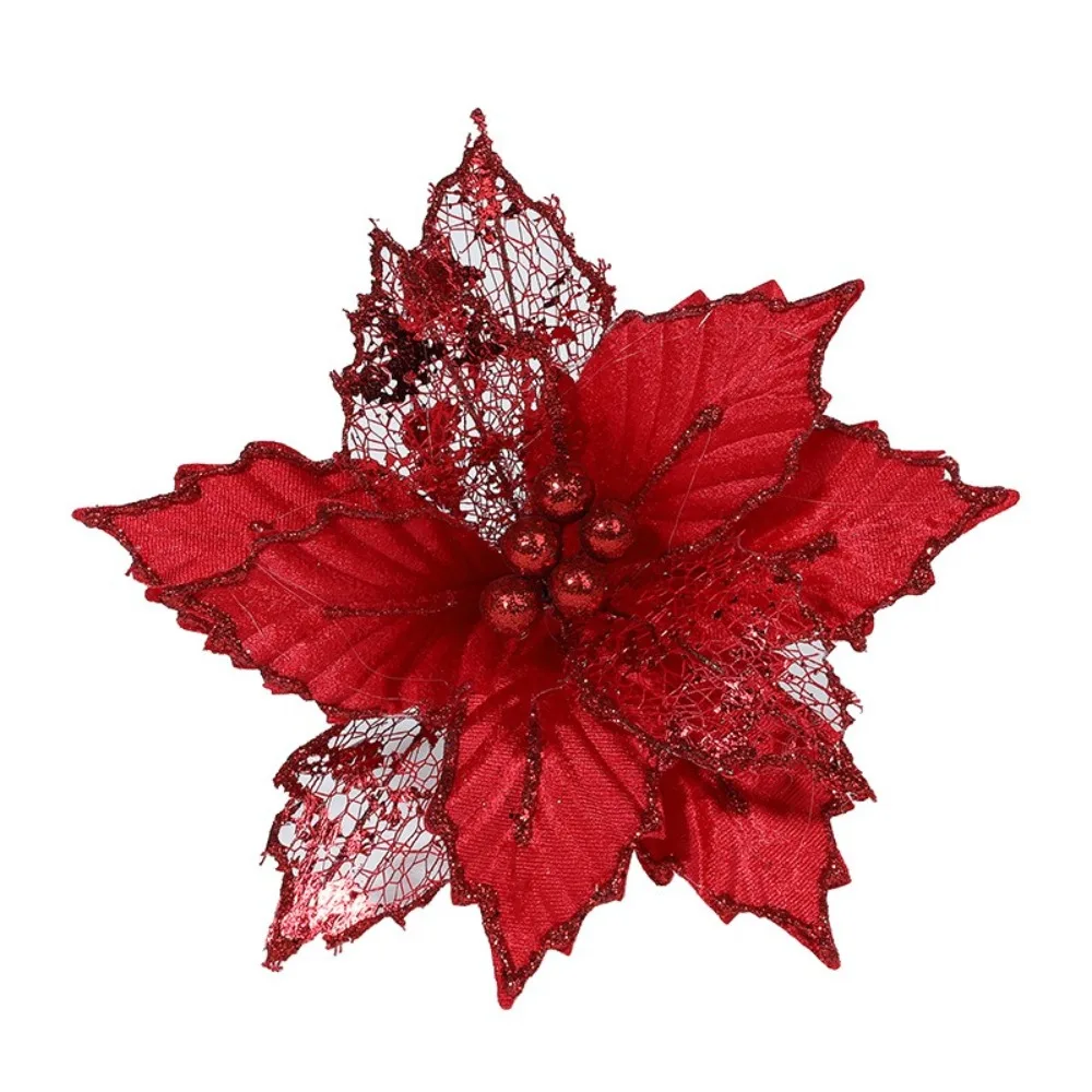 New 24cm Poinsettia Glitter Flower Large DIY Christmas Flowers Party Supplies Hanging Ornaments Xmas Tree Decorations