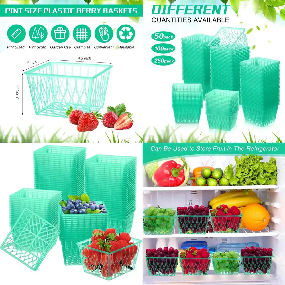 

Зеленые пластиковые корзинки для ягод (размер пинт), 250 штук, идеально подходят для рынков, вечеринок и продуктовых магазинов