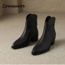 Comemore New Women's Ankle Boots Casual PU Women Shoes Autumn Fleece-lined Boots Sexy Pointed Chunky Heel Shoe Zip Short Booties